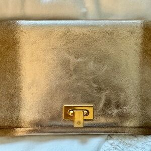 Tory Burch Metallic Gold Leather Clutch with Turn-Lock